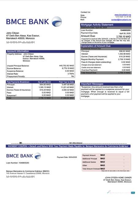 Morocco Banque Marocaine du Commerce Extérieur (BMCE) mortgage statement Word and PDF template
